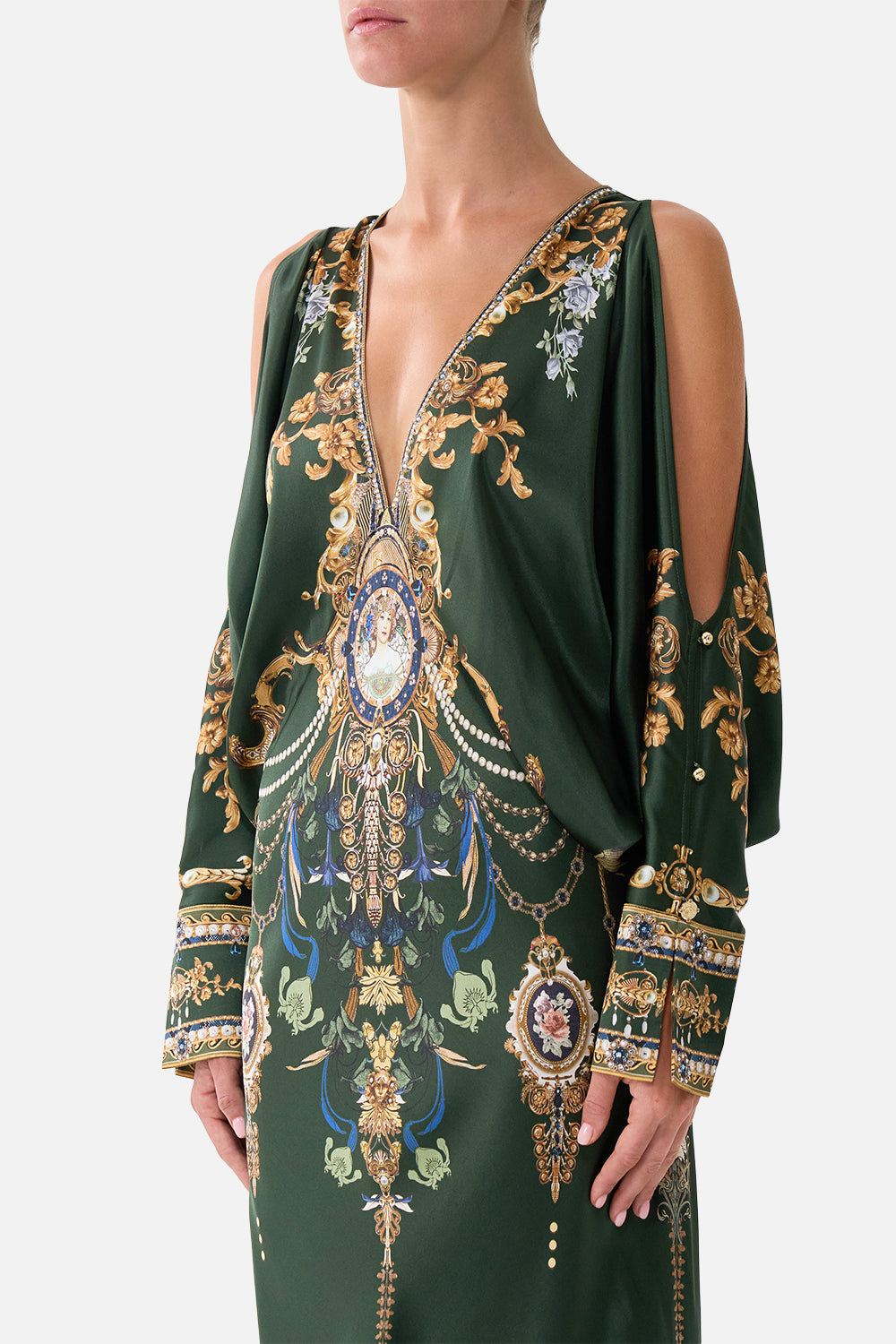 The CAMILLA Plunge Neck Draped Shoulder Dress in our The Secession Sessions print, detail view on model.