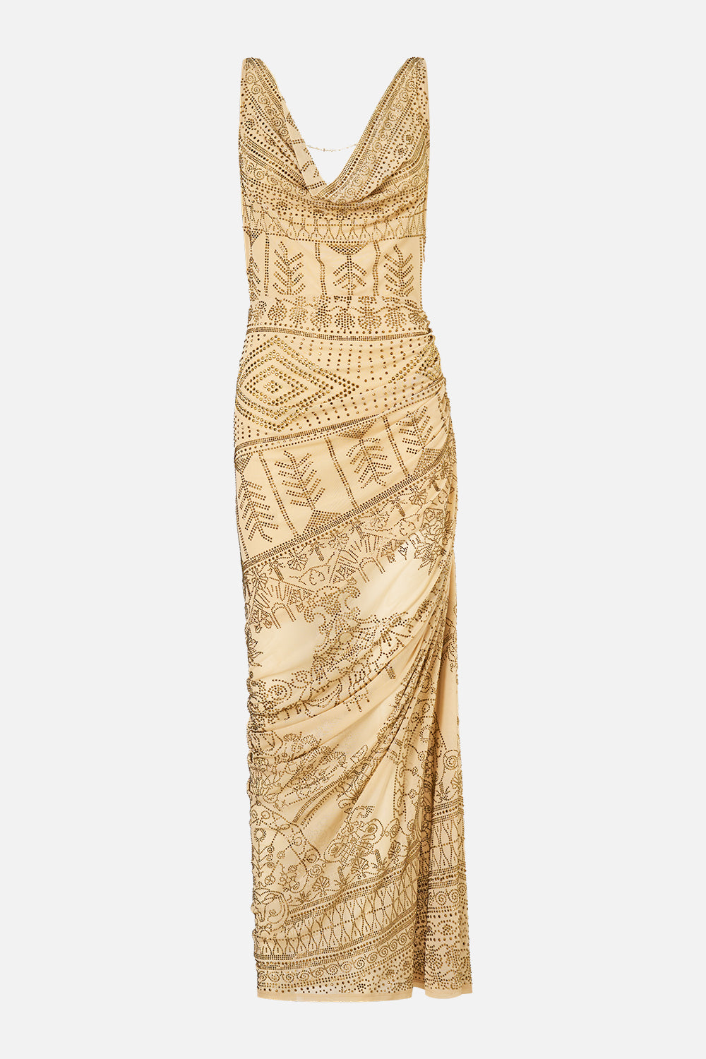 The CAMILLA Draped Chain Back Jersey Dress in our A Meeting of Masterpieces print, front view.