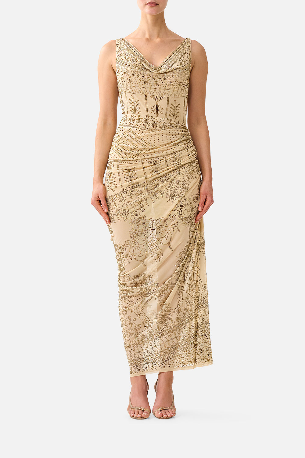 The CAMILLA Draped Chain Back Jersey Dress in our A Meeting of Masterpieces print, front view on model.