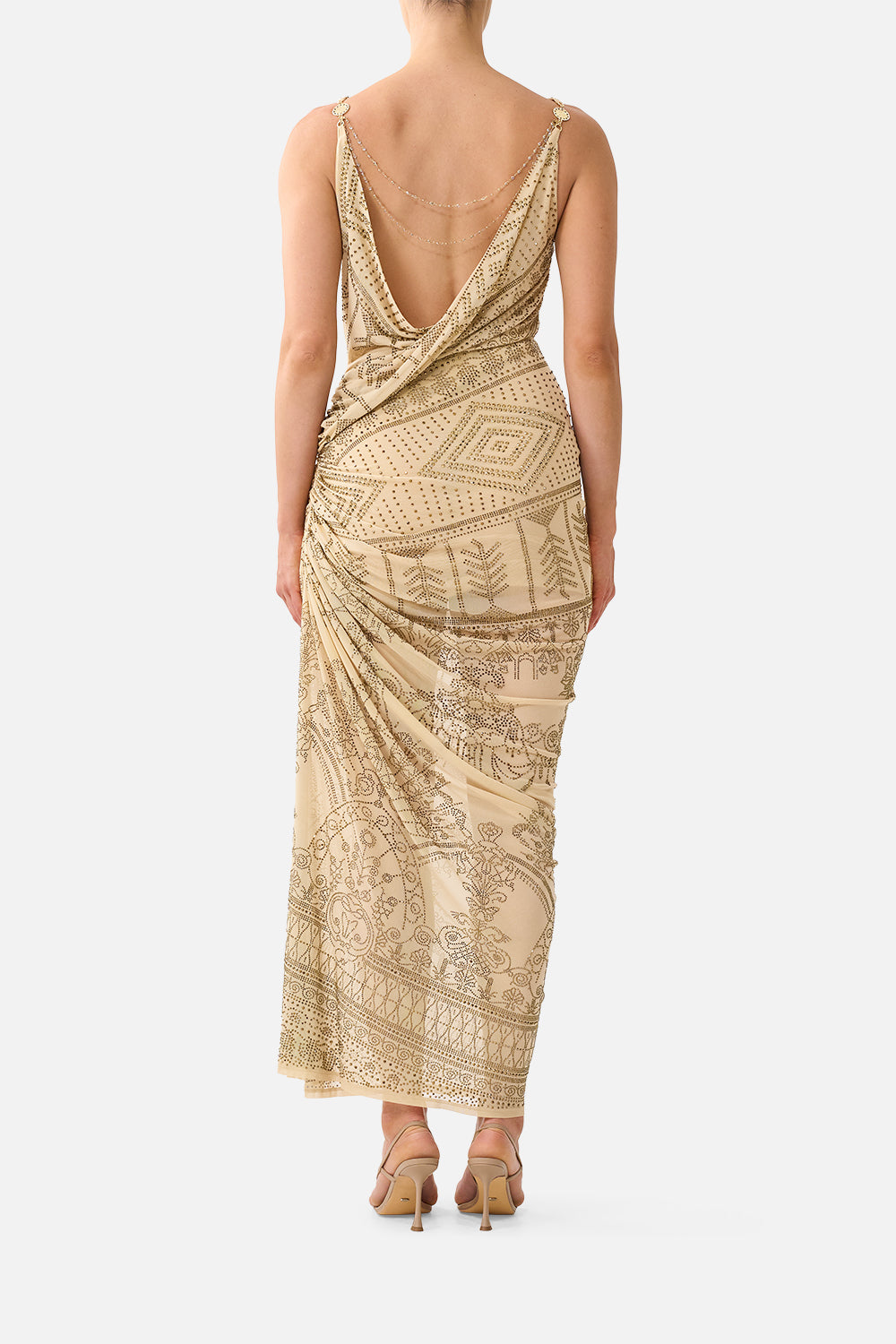 The CAMILLA Draped Chain Back Jersey Dress in our A Meeting of Masterpieces print, back view on model.