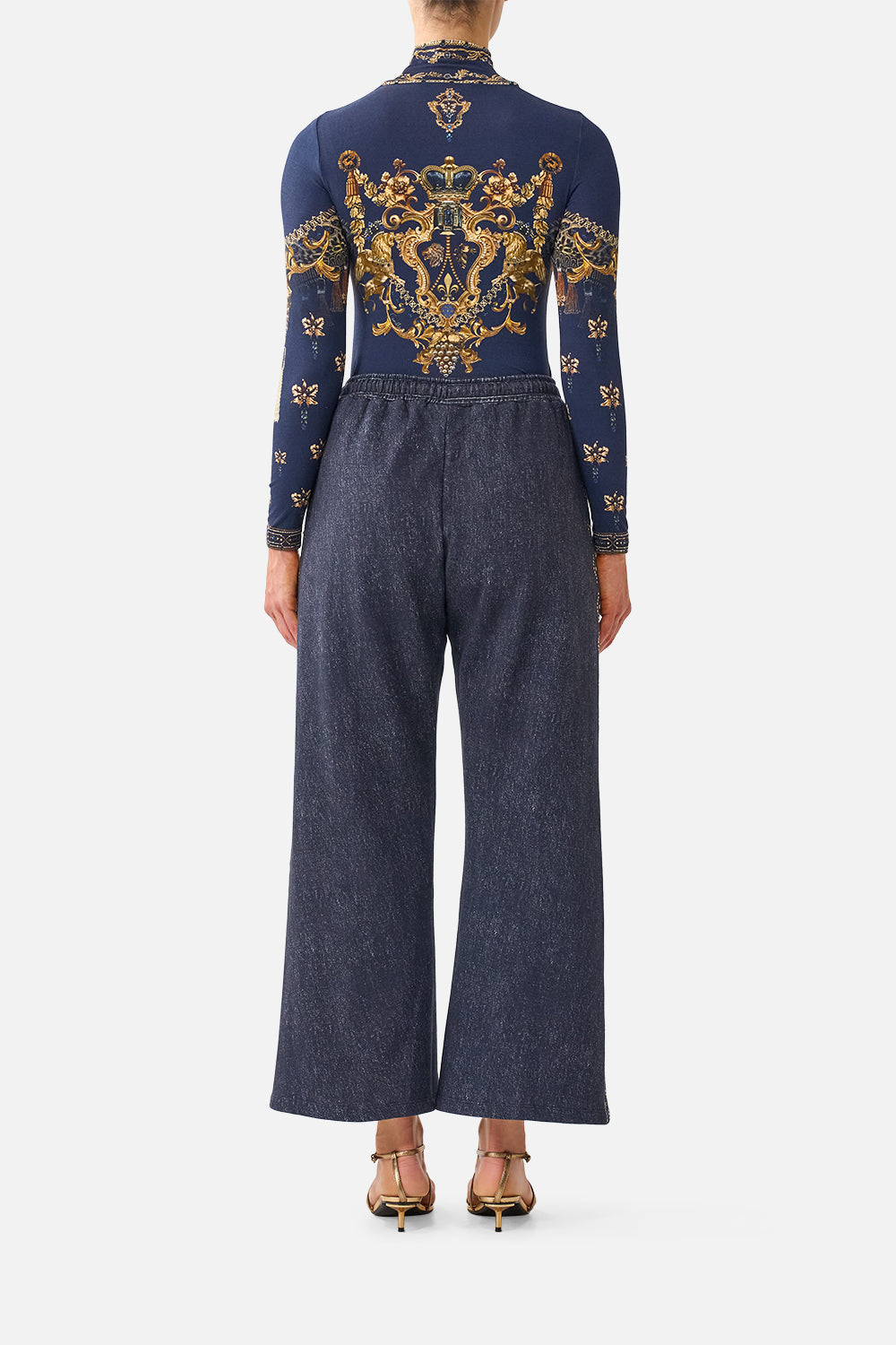 The CAMILLA Straight Leg Track Pant in our Cloaked in Baroque print, back view on model.