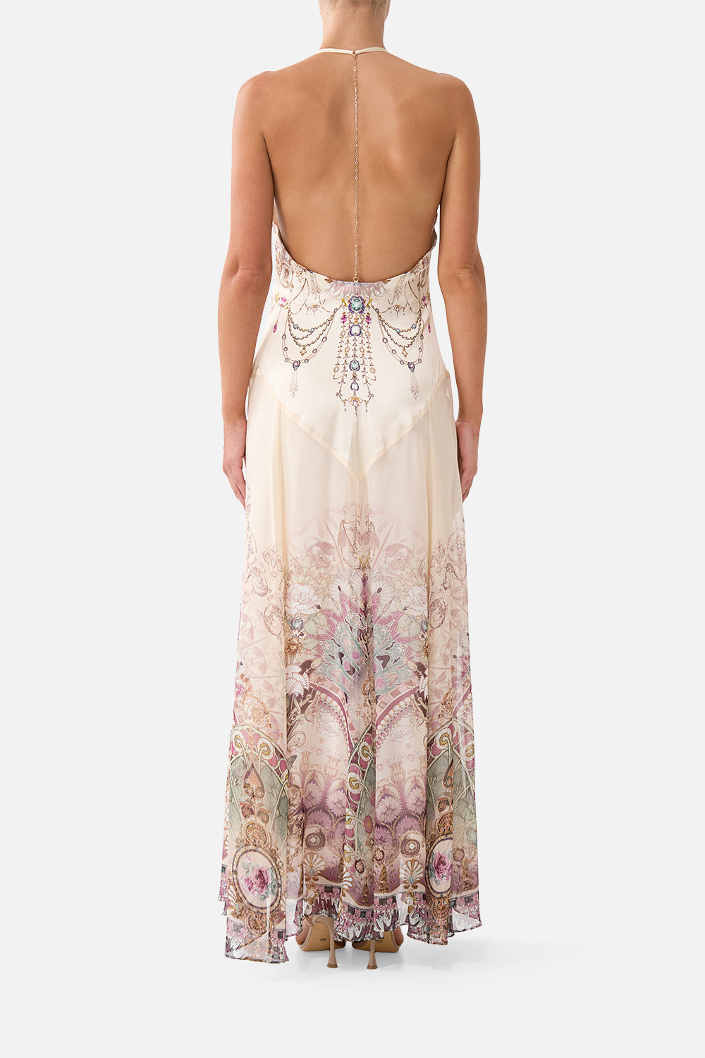 The CAMILLA Hardware Detail Slip Dress in our A Meeting of Masterpieces print, back view on model.