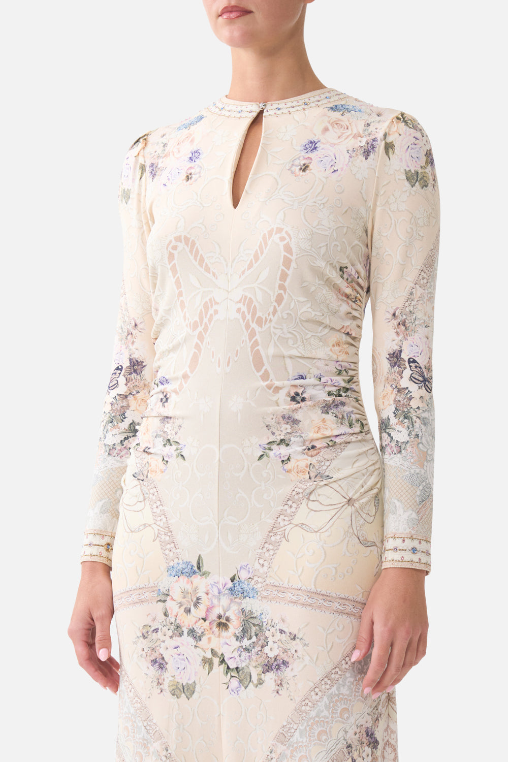 The CAMILLA LACE SLEEVE MINI DRESS TORERO LIBERTINE in our  print.