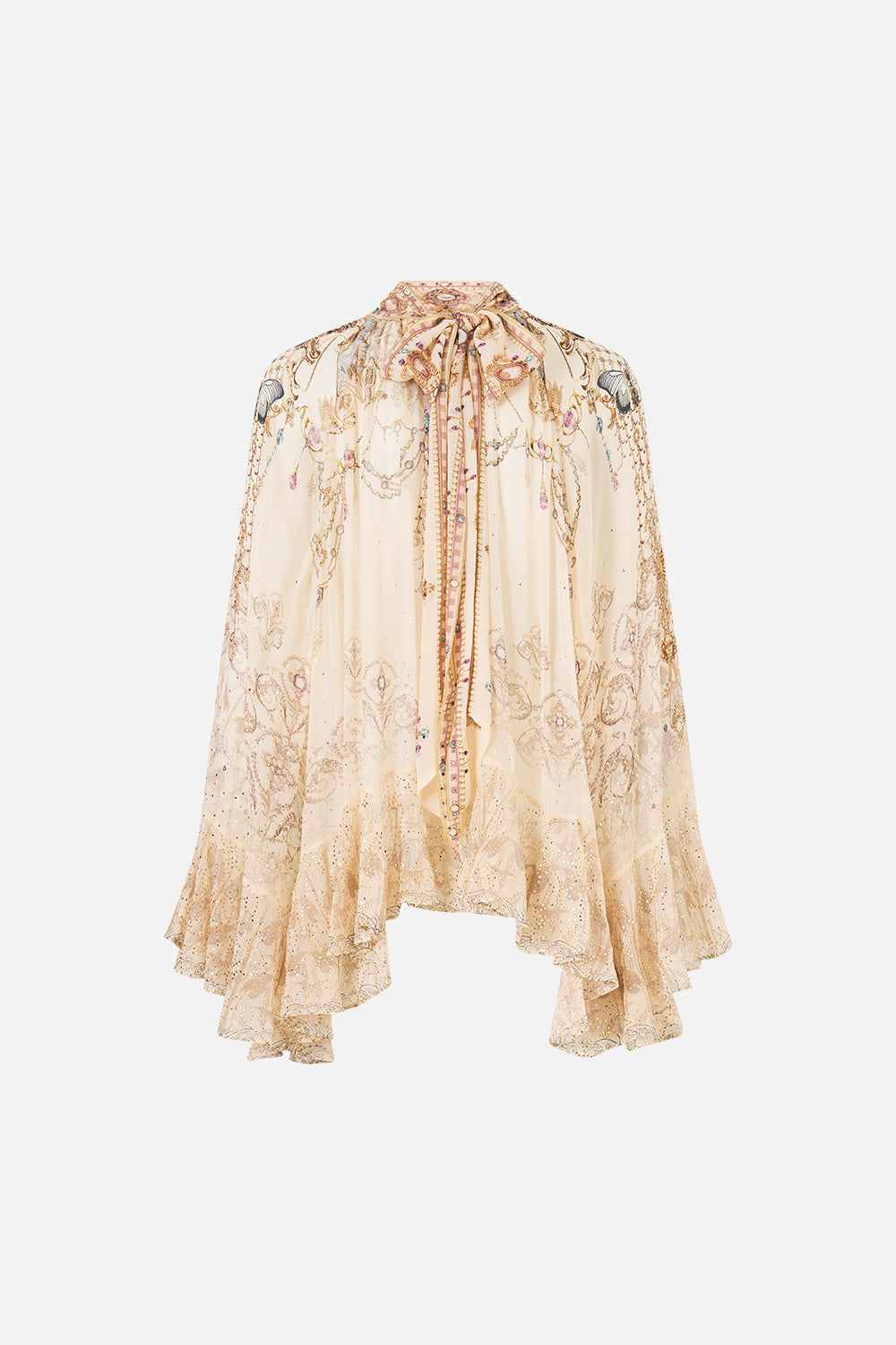 The CAMILLA Collared Long Sleeve Top with Ruffles in our A Meeting of Masterpieces print, front view.