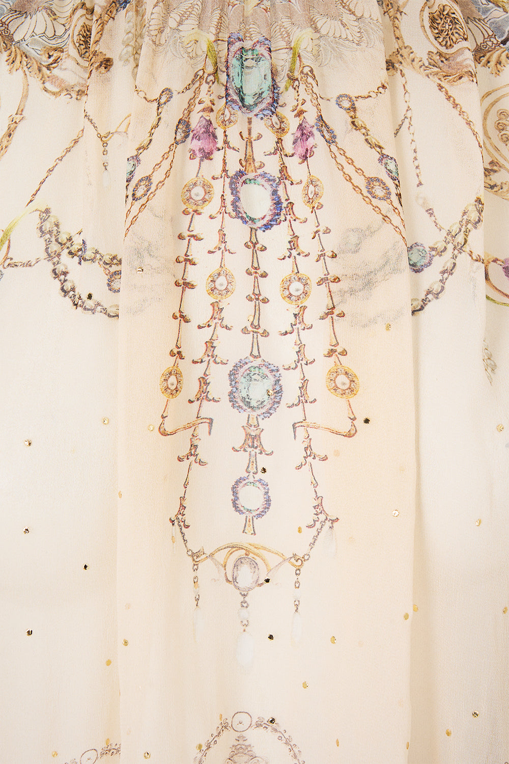 The CAMILLA Collared Long Sleeve Top with Ruffles in our A Meeting of Masterpieces print, fabric detail.