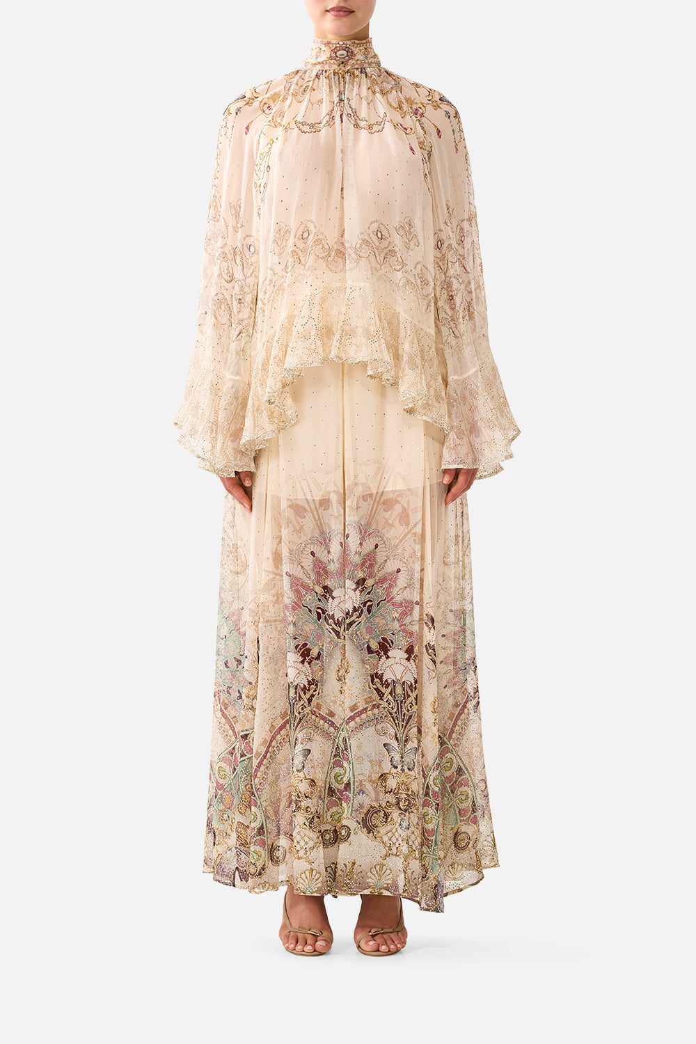 The CAMILLA Collared Long Sleeve Top with Ruffles in our A Meeting of Masterpieces print, front view on model.