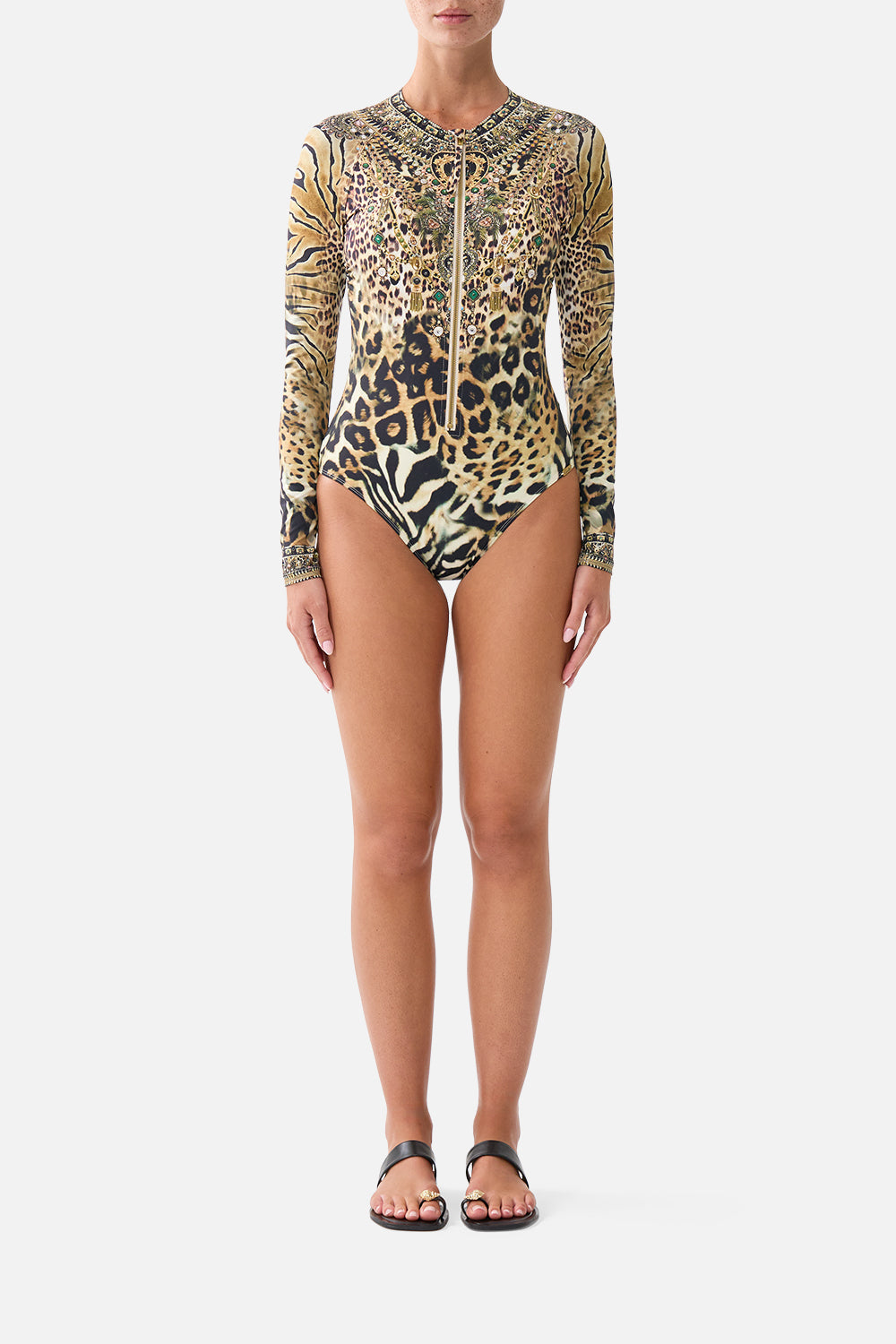 The CAMILLA Long Sleeve Zip Front Paddle Suit Leotigra Land in our Leotigra Land print.