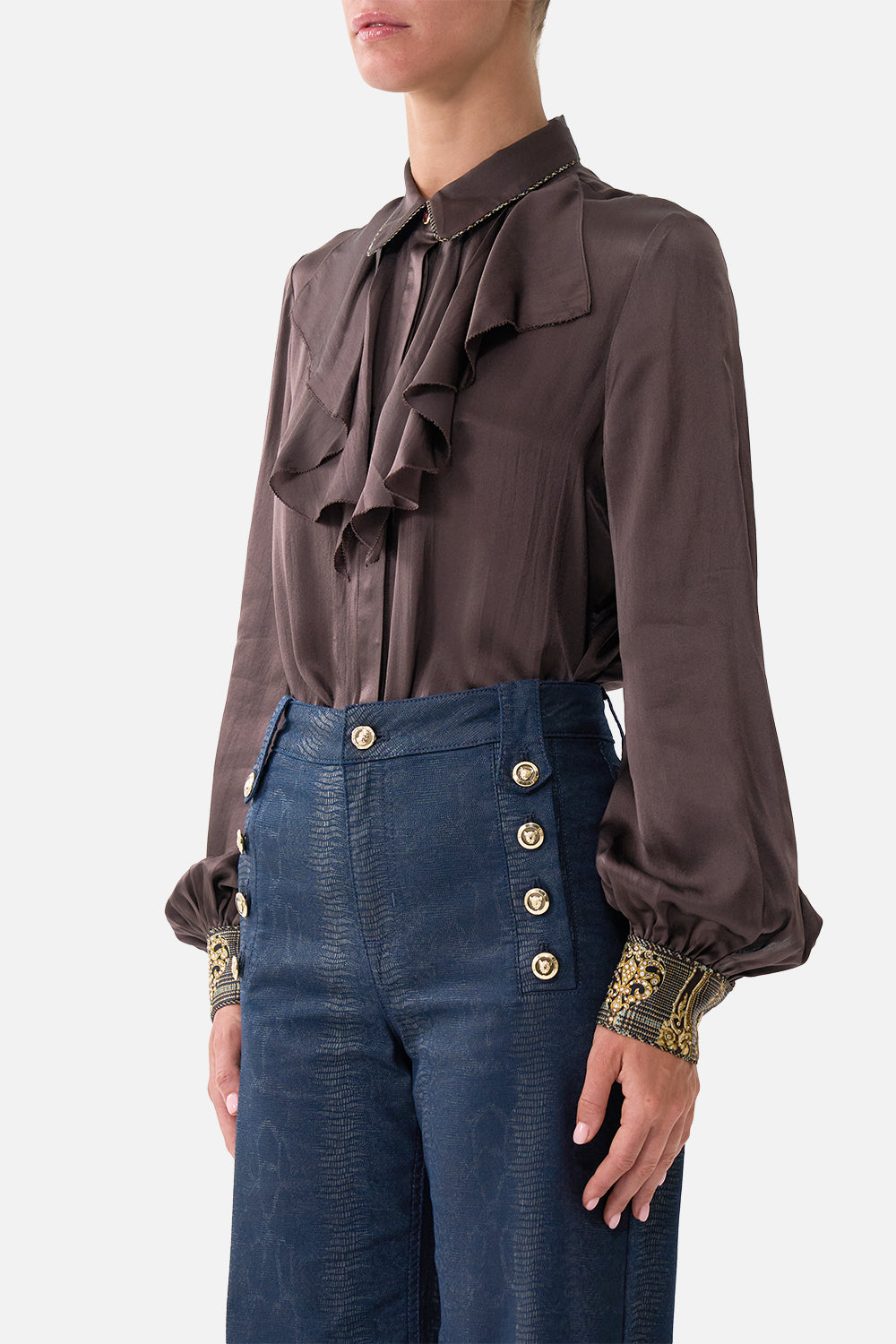 The CAMILLA Collared Shirt with Frill Neck Detail Animals in the Palace in our Animals in the Palace print.