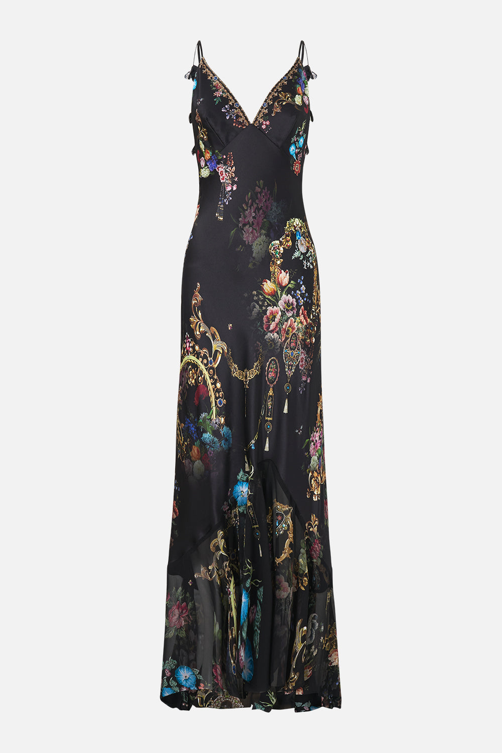 The CAMILLA V NECK SLIP DRESS WITH FLOUNCE HEM NIGHT GARDEN