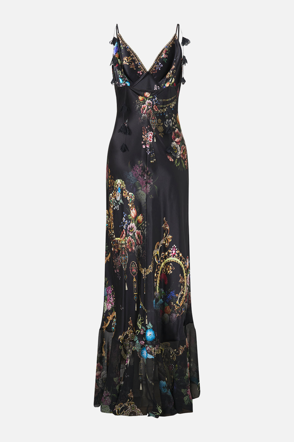 V NECK SLIP DRESS WITH FLOUNCE HEM NIGHT GARDEN