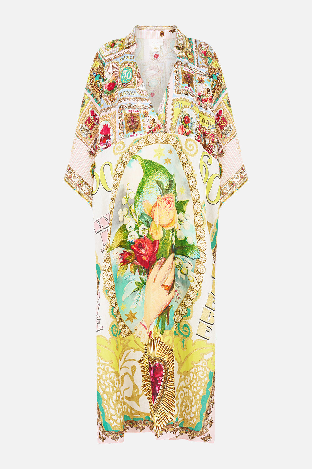 DEEP V NECK KAFTAN WITH CURVED SEAM PAINTED PRAYERS