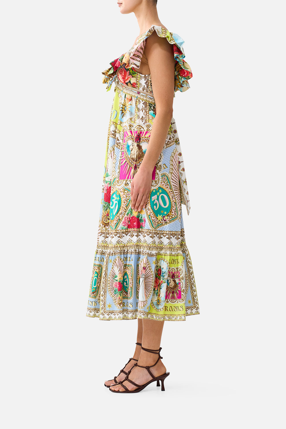 FRILL NECK MIDI DRESS PAINTED PRAYERS