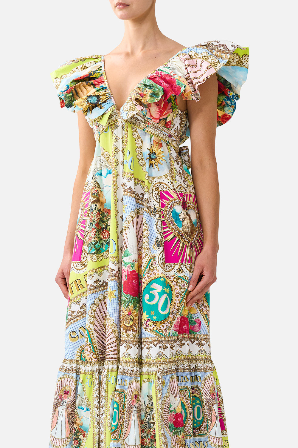 FRILL NECK MIDI DRESS PAINTED PRAYERS