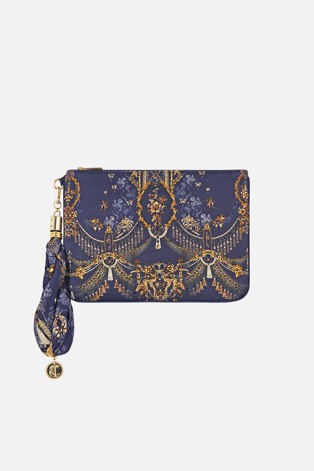 The CAMILLA Scarf Clutch in our Cloaked in Baroque print, front view.
