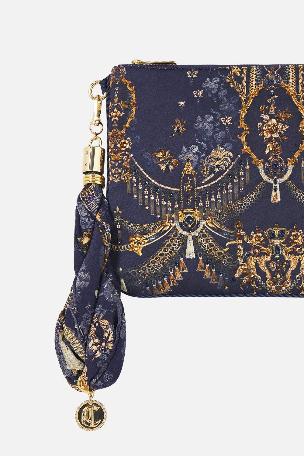 The CAMILLA Scarf Clutch in our Cloaked in Baroque print, back view.