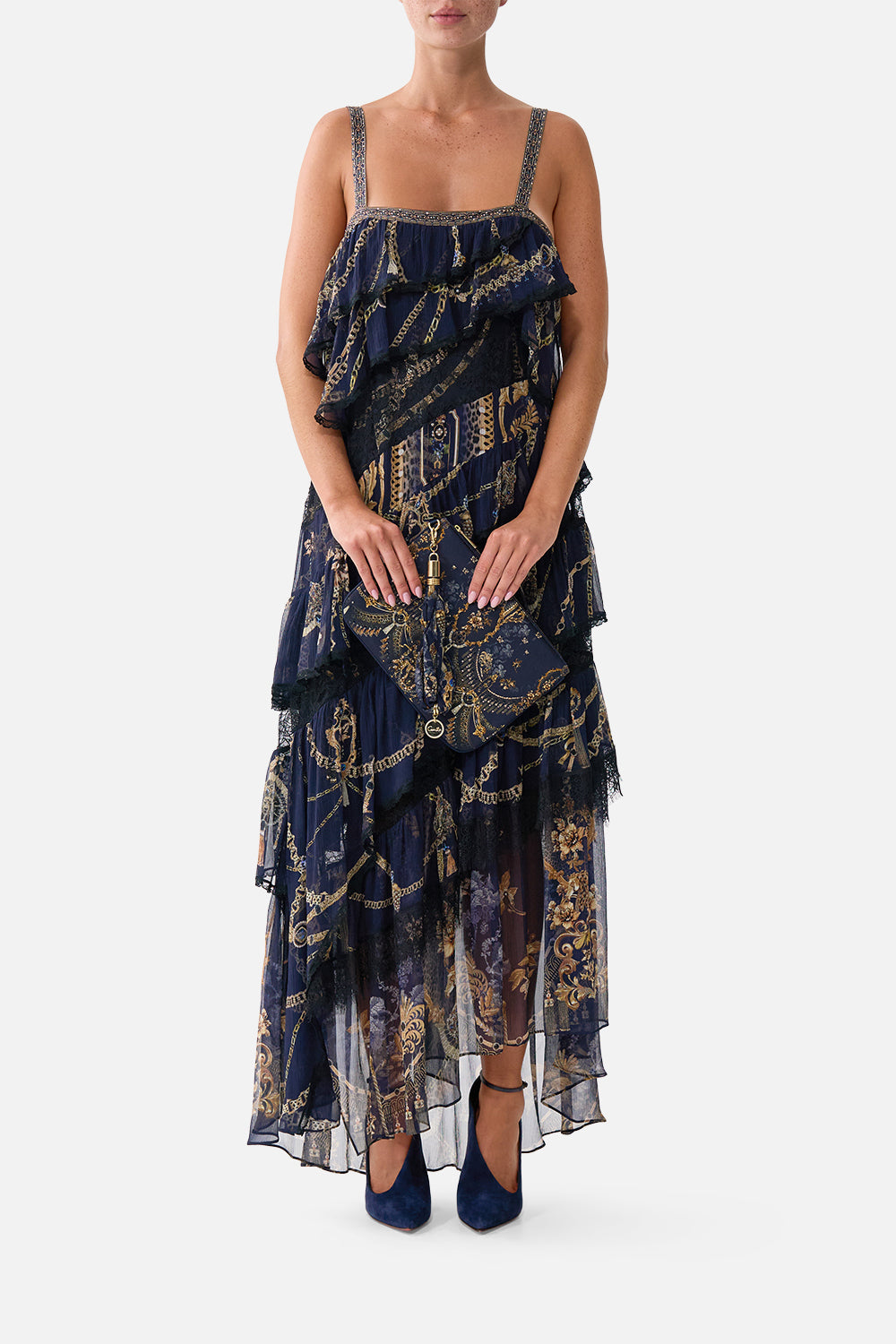 The CAMILLA Scarf Clutch in our Cloaked in Baroque print, front view on model.