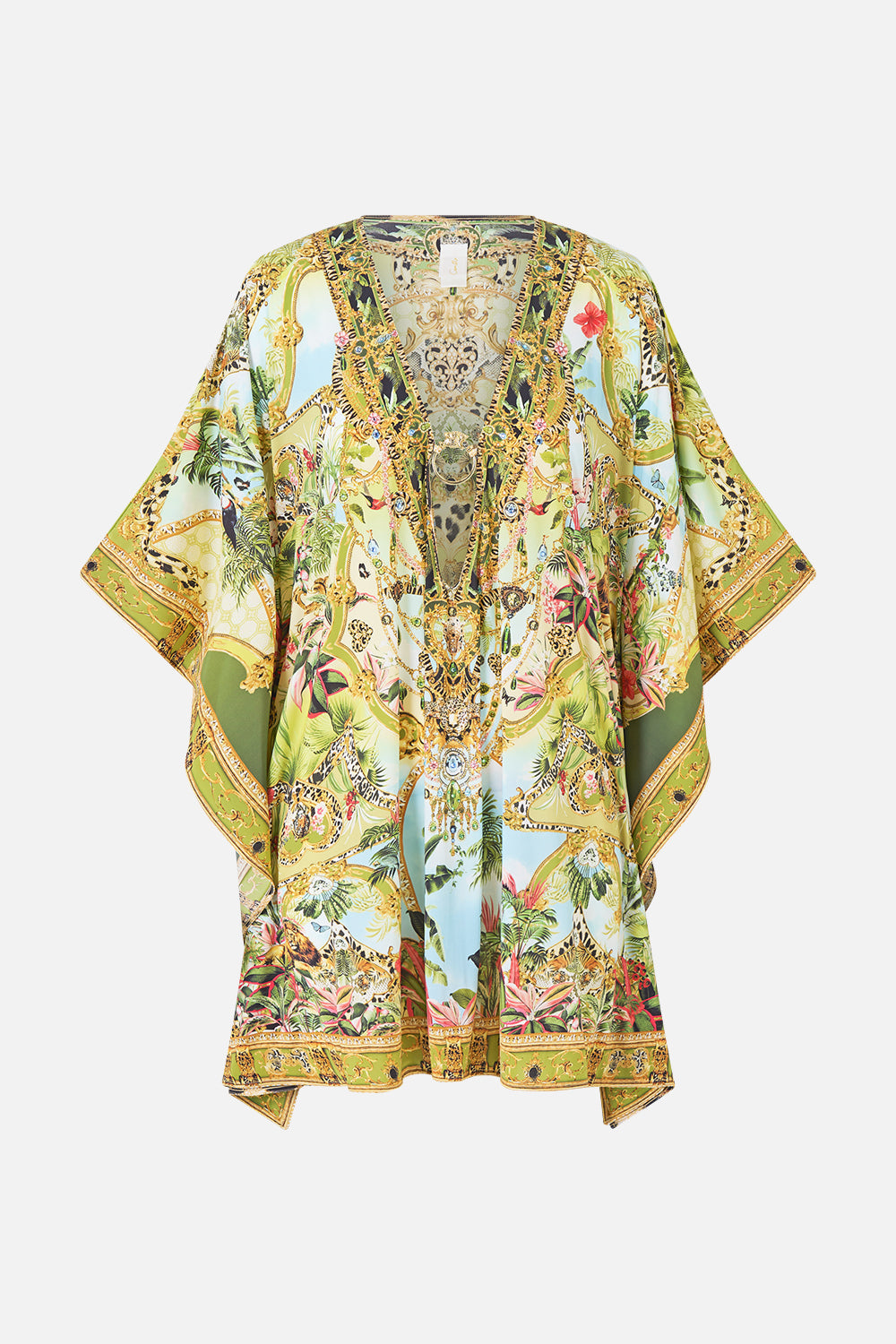 The CAMILLA Short V Neck Kaftan W/ Ring Front Trim Wanderlust Empire in our Wanderlust Empire print.