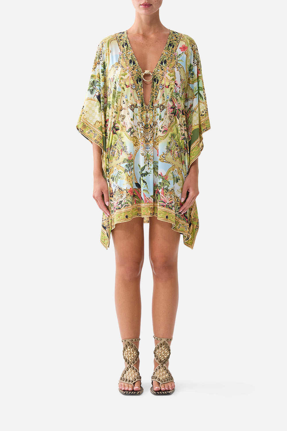 The CAMILLA Short V Neck Kaftan W/ Ring Front Trim Wanderlust Empire in our Wanderlust Empire print.