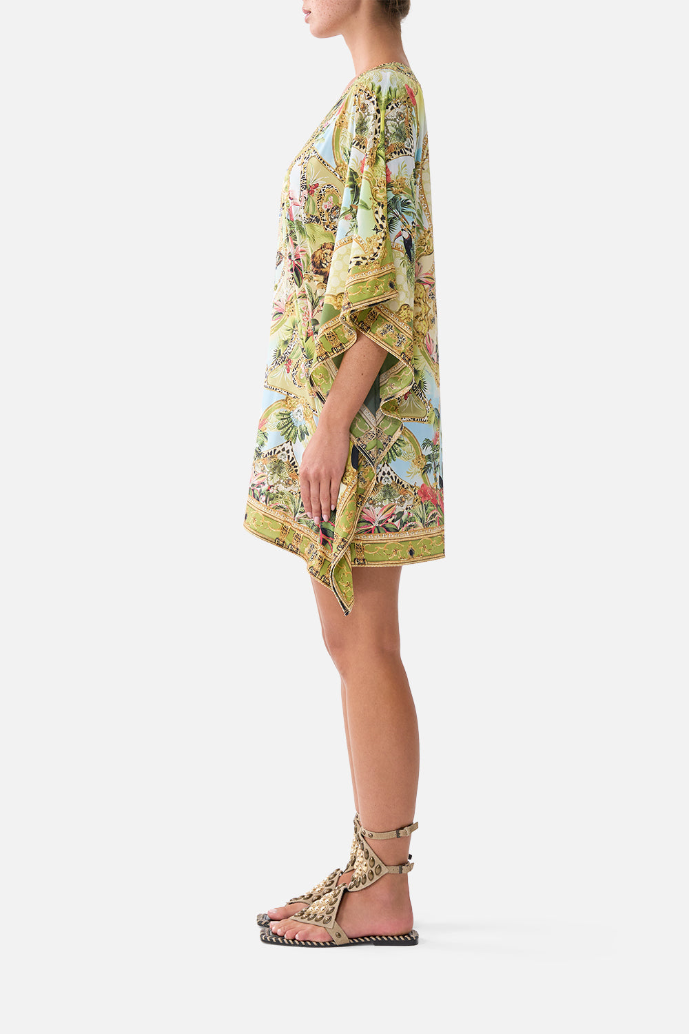The CAMILLA Short V Neck Kaftan W/ Ring Front Trim Wanderlust Empire in our Wanderlust Empire print.