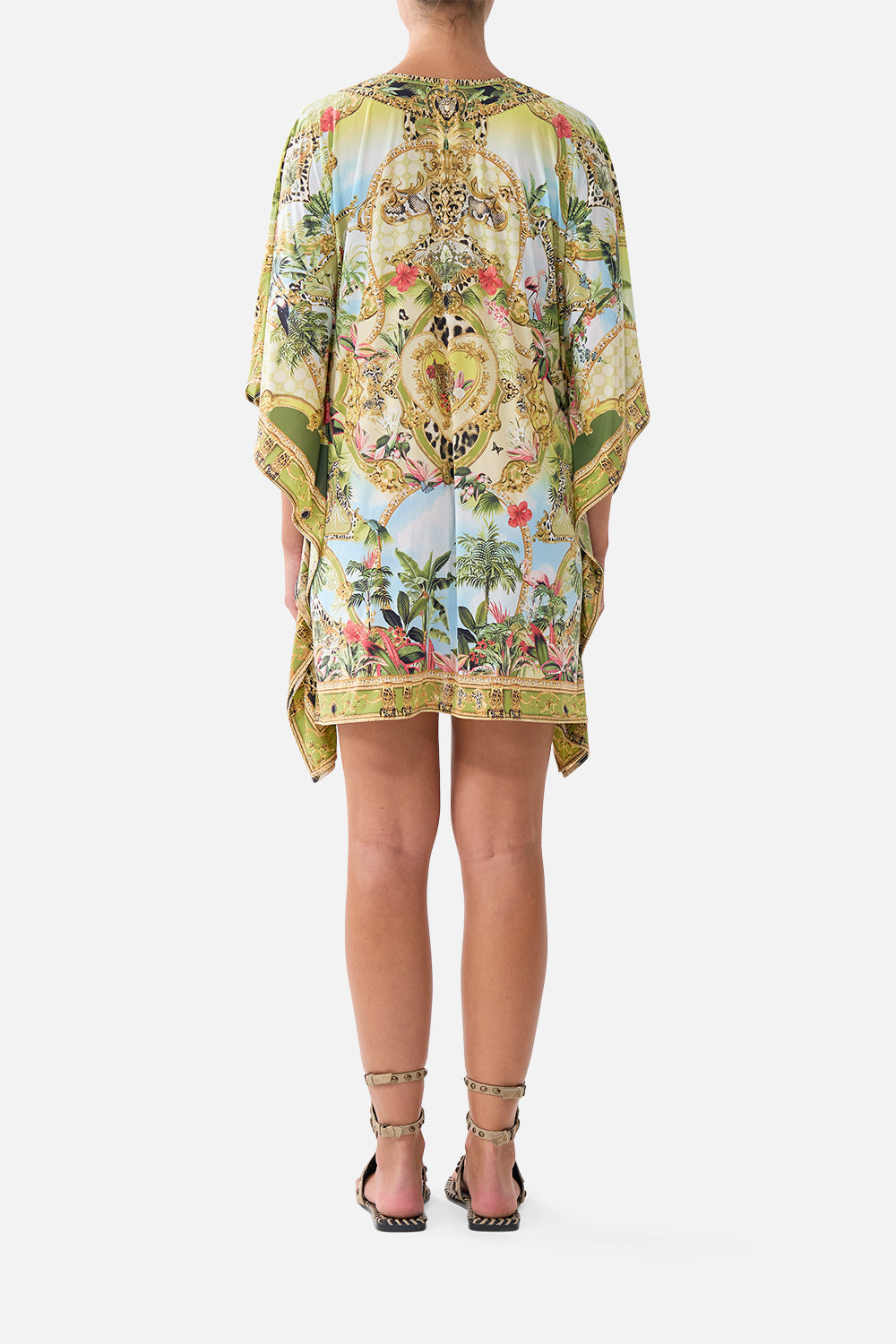 The CAMILLA Short V Neck Kaftan W/ Ring Front Trim Wanderlust Empire in our Wanderlust Empire print.