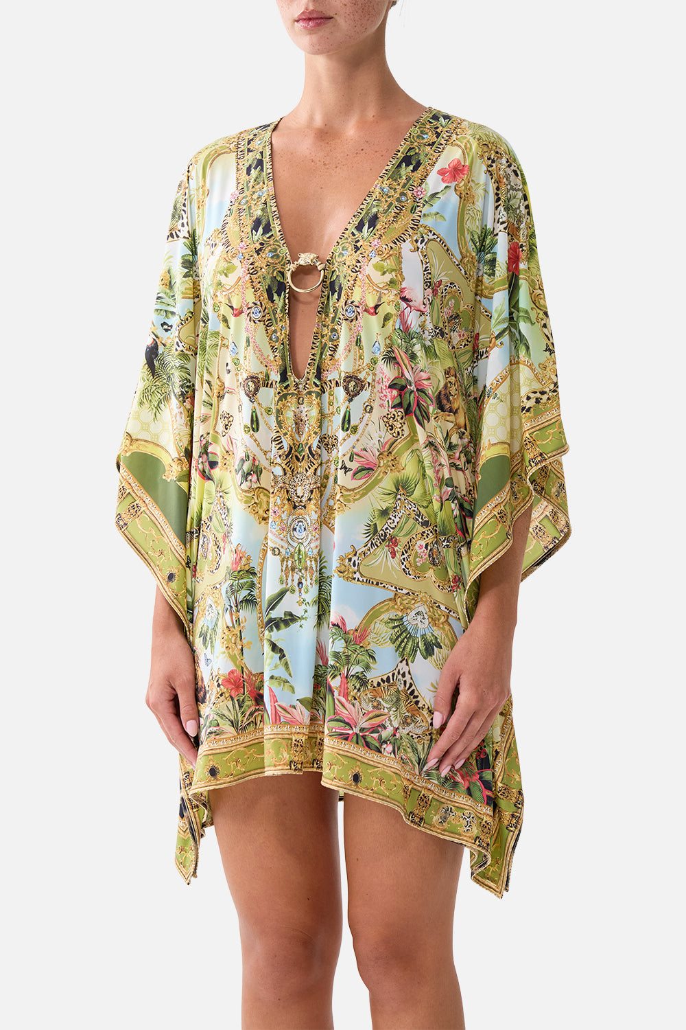 The CAMILLA Short V Neck Kaftan W Ring Front Trim in our Wanderlust Empire print, detail view on model.