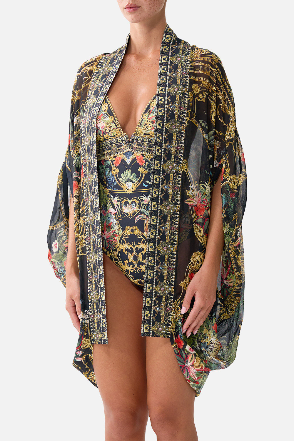 The CAMILLA Open Front Cardi Cape Palace Zoology in our Palace Zoology print.