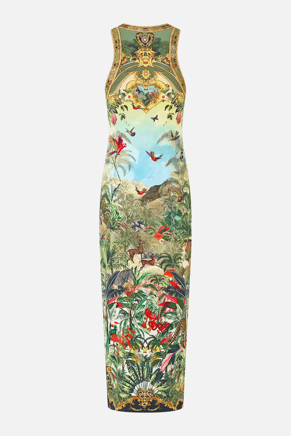The CAMILLA Jersey Tank Dress in our Wanderlust Empire print, back view.