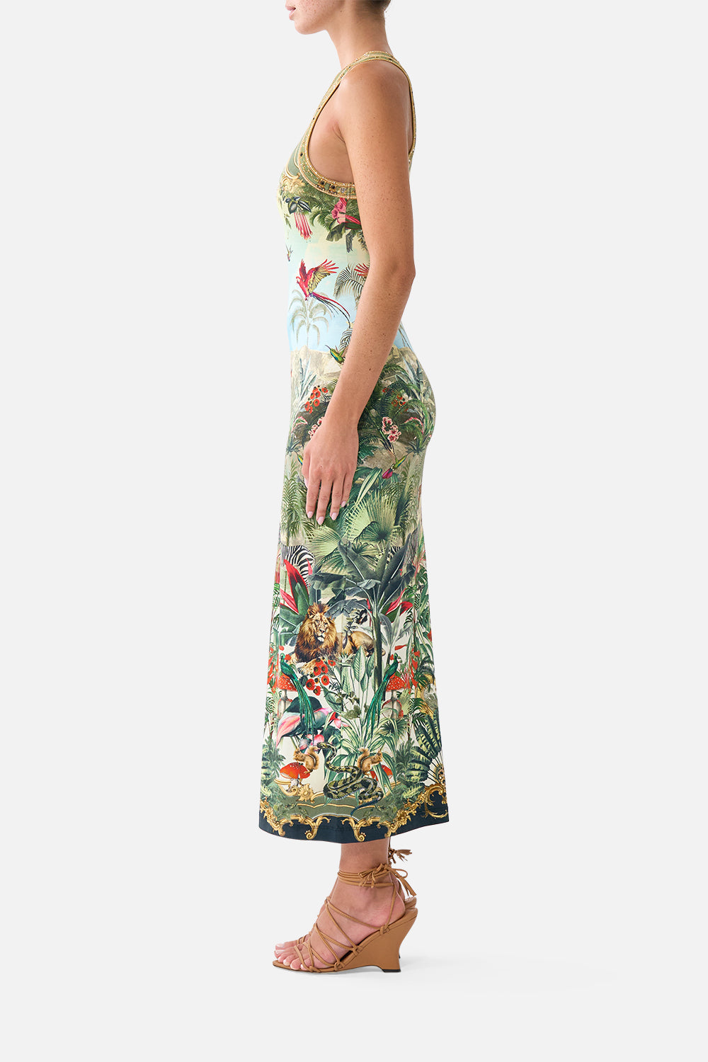The CAMILLA Jersey Tank Dress in our Wanderlust Empire print, back view on model.
