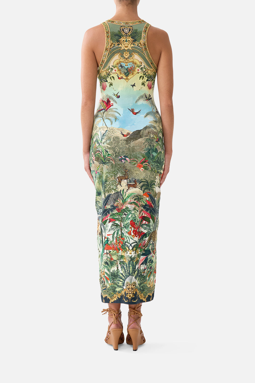 The CAMILLA Jersey Tank Dress in our Wanderlust Empire print, detail view on model.
