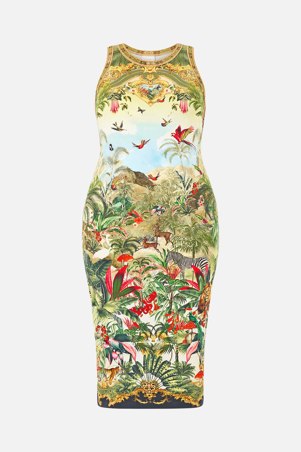 The CAMILLA Jersey Tank Dress in our Wanderlust Empire print, front view.