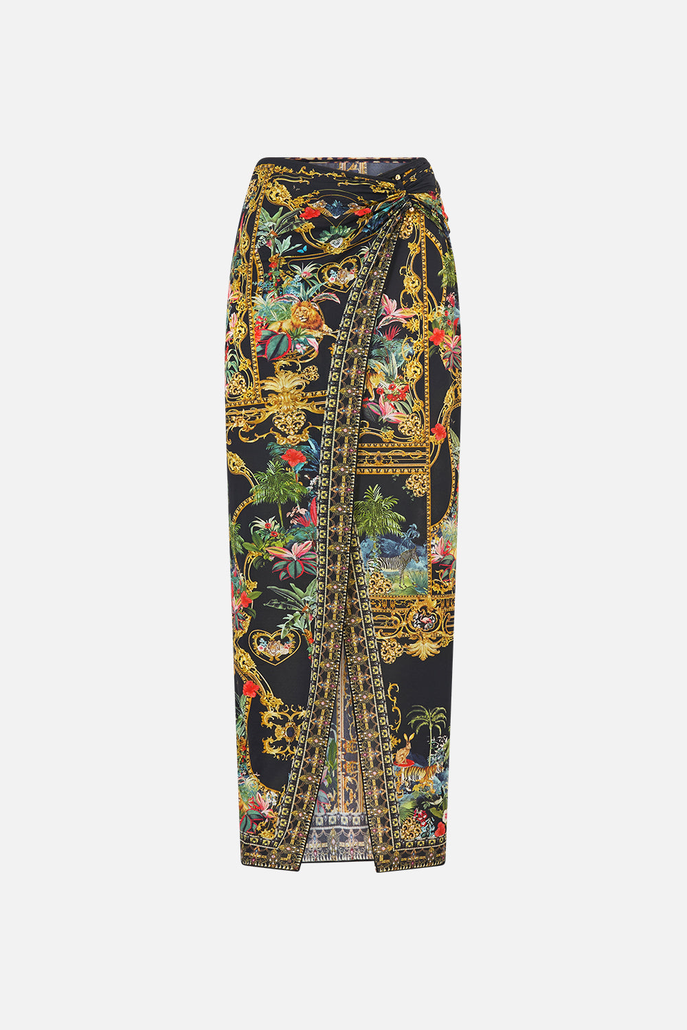 The CAMILLA Long Sarong with Gathered Bar Trim in our Palace Zoology print, front view.