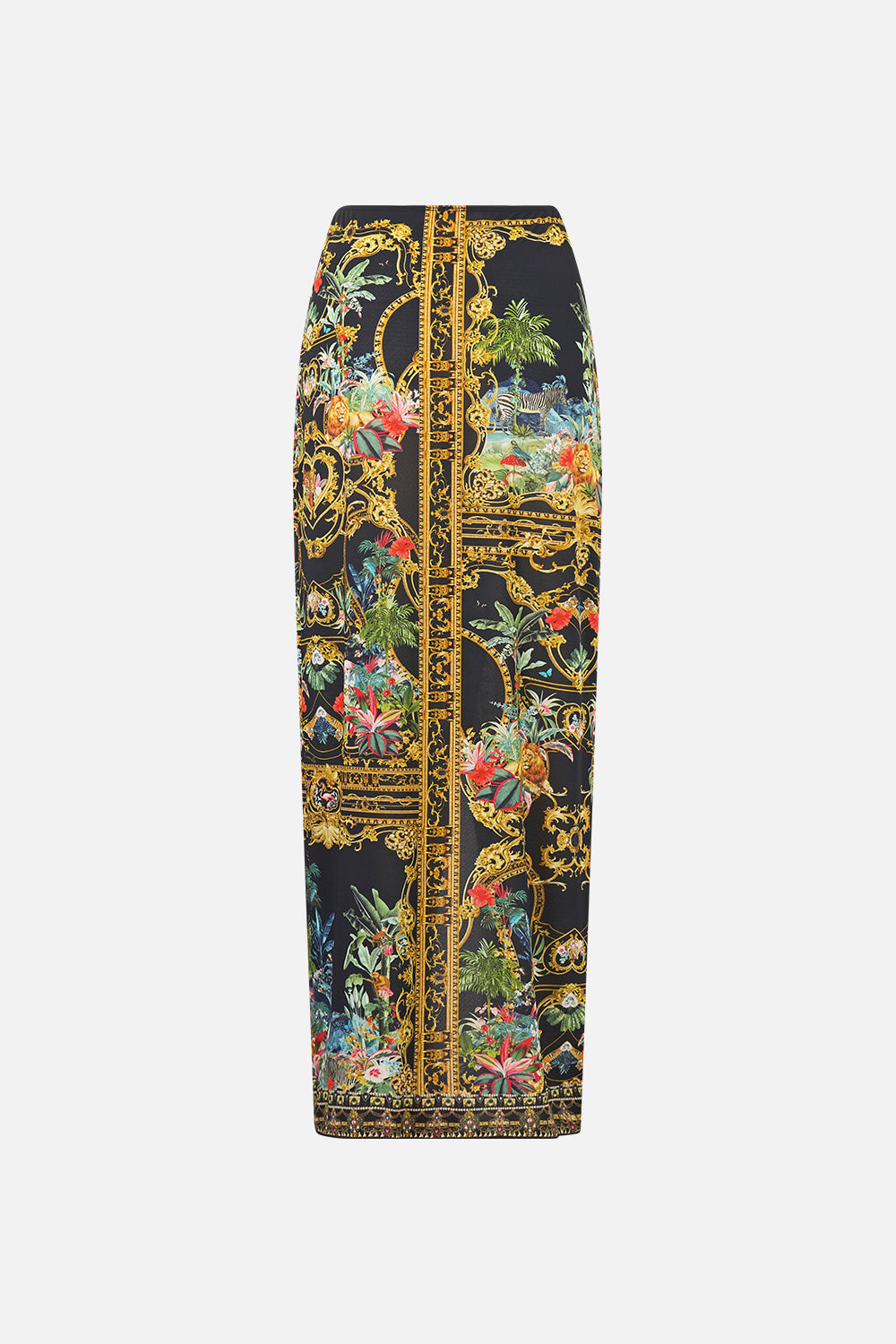 The CAMILLA Long Sarong W Gathered Bar Trim in our Palace Zoology print, back view.