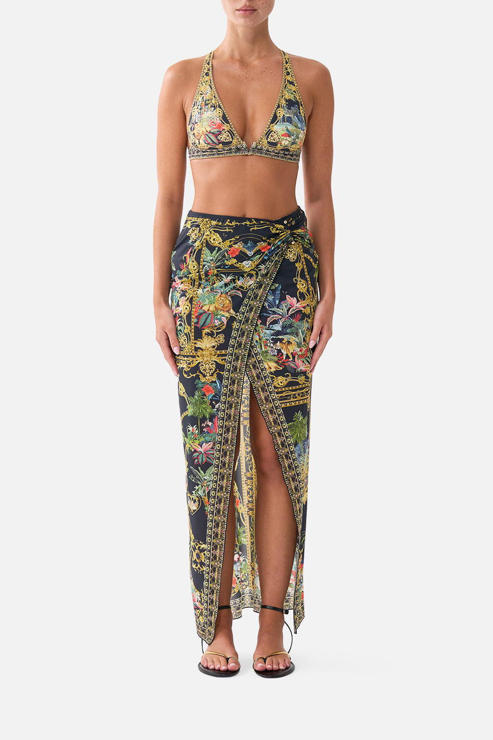 The CAMILLA Long Sarong W Gathered Bar Trim in our Palace Zoology print, front view on model.
