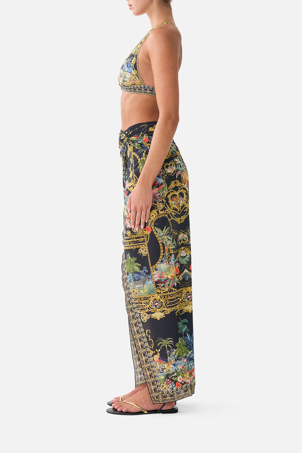 The CAMILLA Long Sarong W/ Gathered Bar Trim Palace Zoology in our Palace Zoology print.