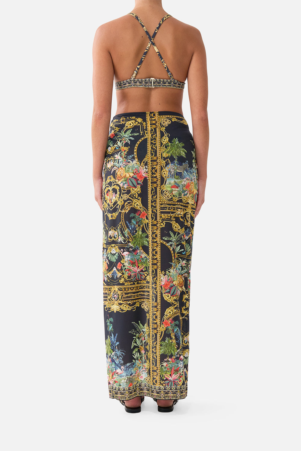 The CAMILLA Long Sarong W Gathered Bar Trim in our Palace Zoology print, back view on model.