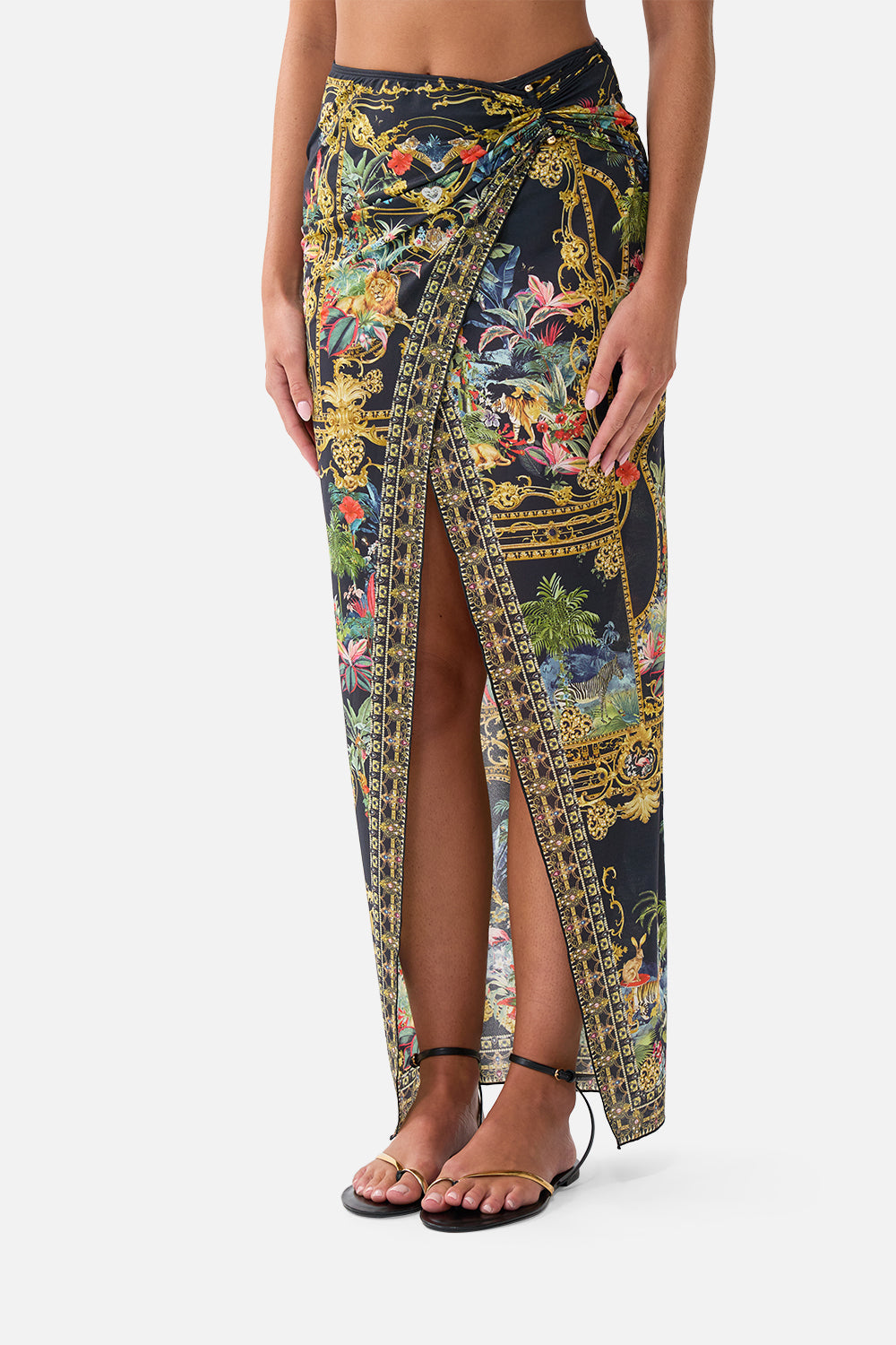 The CAMILLA Long Sarong W Gathered Bar Trim in our Palace Zoology print, detail view on model.
