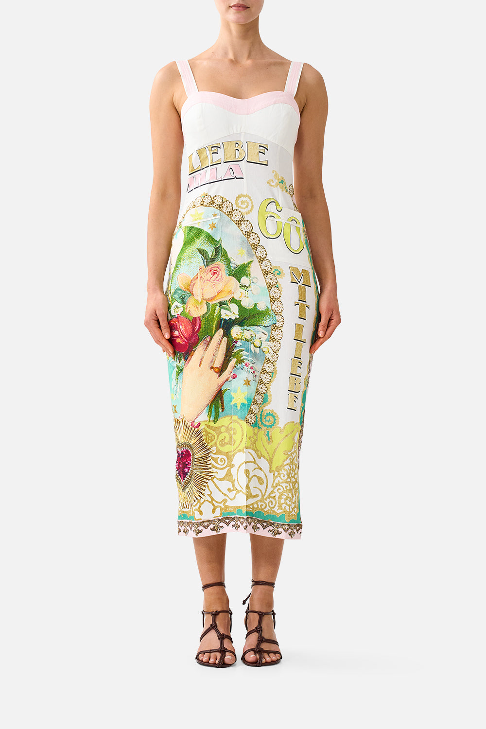 The CAMILLA FORM FITTED MIDI DRESS WITH TOPSTITCHING PAINTED PRAYERSPAINTED PRAYERS