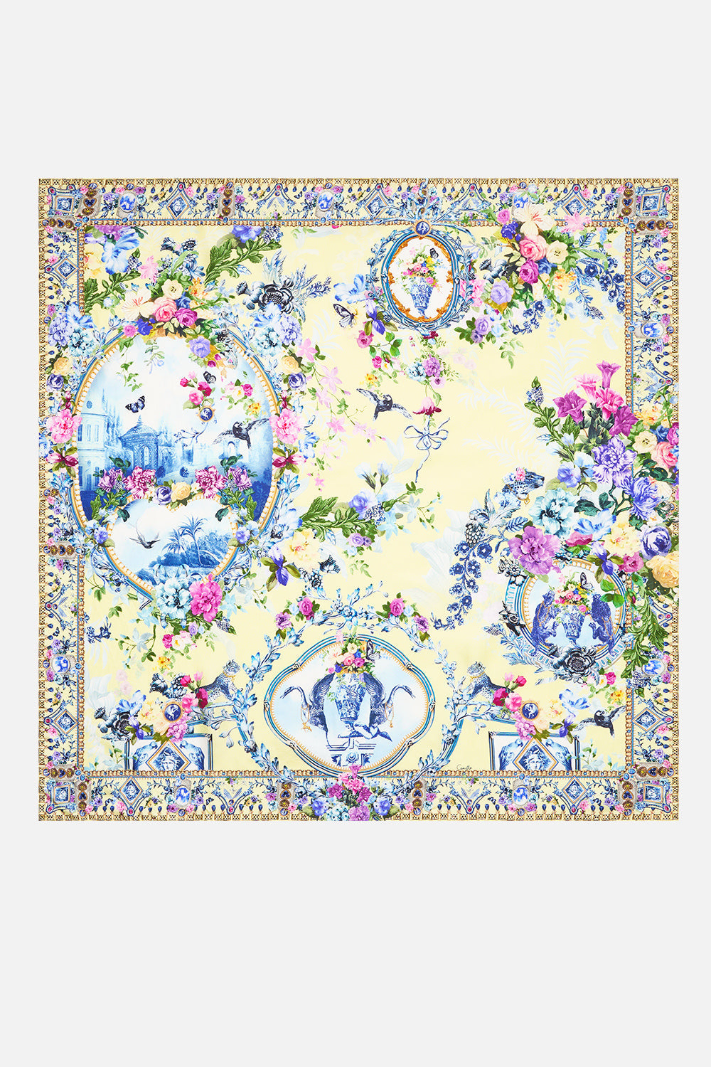 The CAMILLA Large Crystalled Silk Square Scarf in our Chinoiserie Child print, front view.