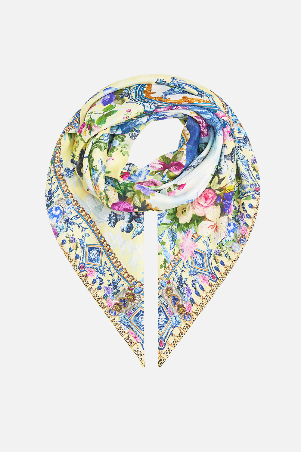 The CAMILLA Large Crystalled Silk Square Scarf in our Chinoiserie Child print, back view.