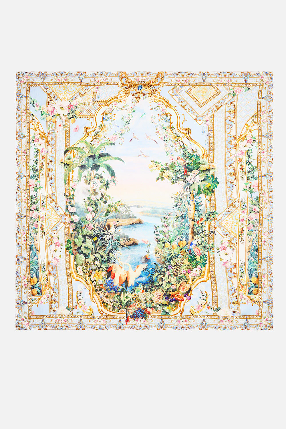 The CAMILLA Large Crystalled Silk Square Scarf in our Sisi Society print, front view.