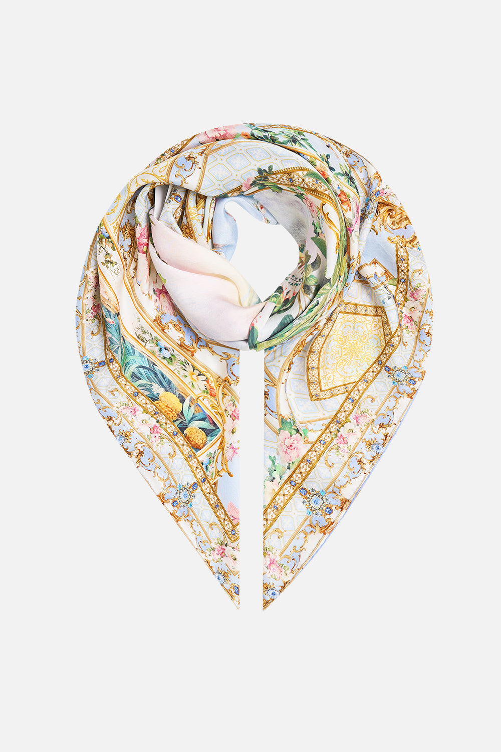 The CAMILLA Large Crystalled Silk Square Scarf in our Sisi Society print, back view.