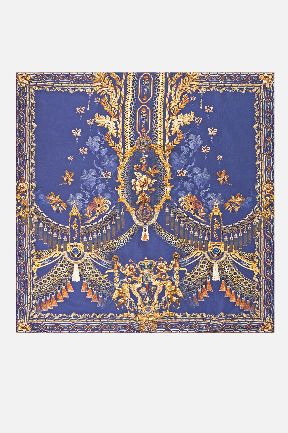The CAMILLA Large Crystalled Silk Square Scarf in our Cloaked in Baroque print, back view.