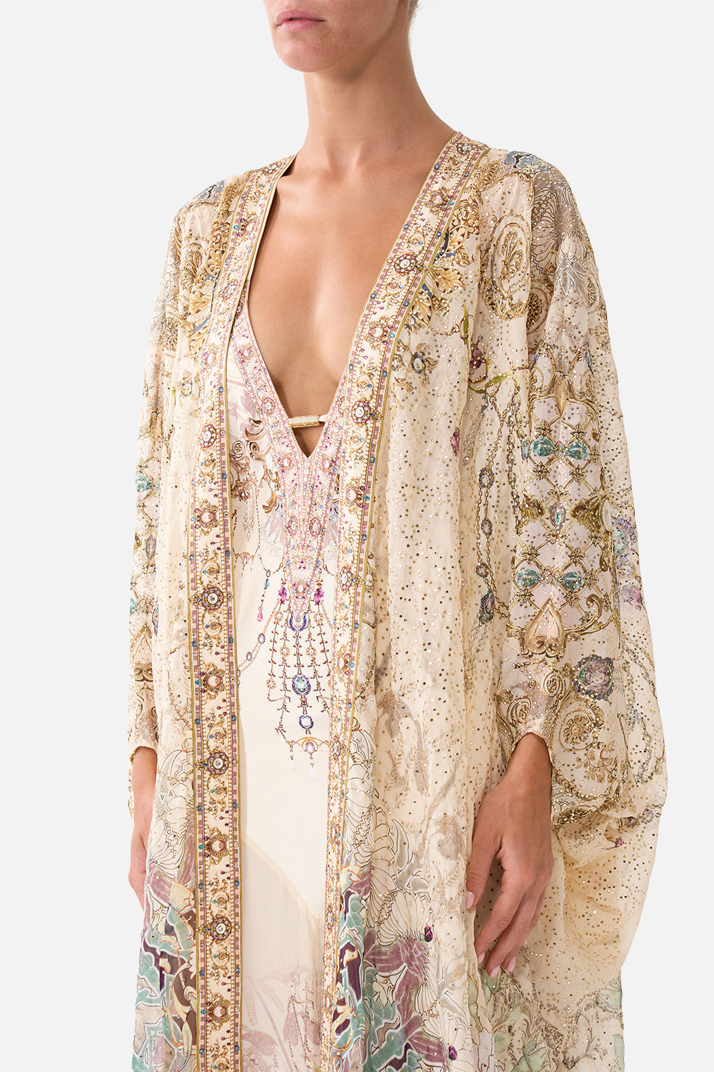 The CAMILLA Layer with Centre Back Panel in our A Meeting of Masterpieces print, detail view on model.