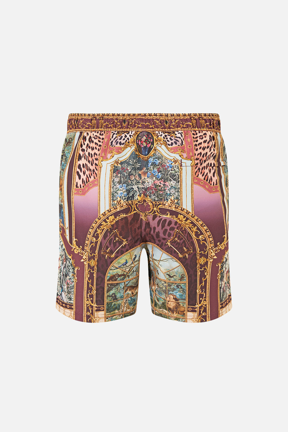 The CAMILLA MID LENGTH BOARDSHORT WITH ELASTIC WAIST ANIMALS IN THE PALACE