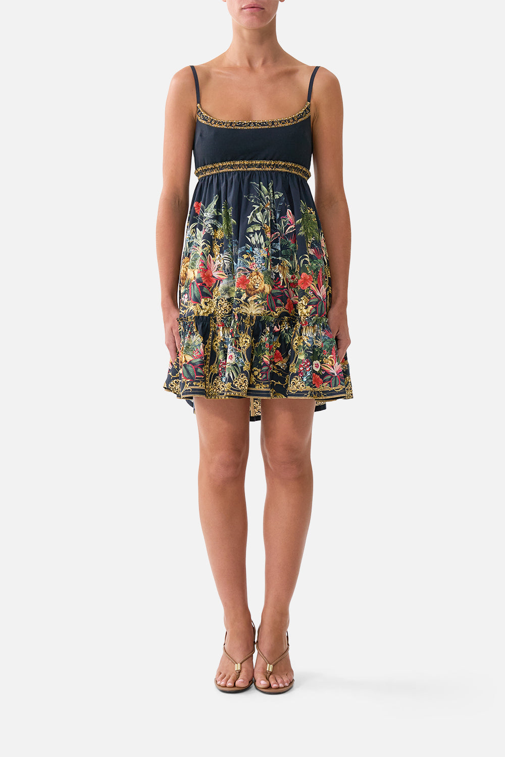The CAMILLA Short Dress with Jersey Bodice in our Palace Zoology print, front view on model.