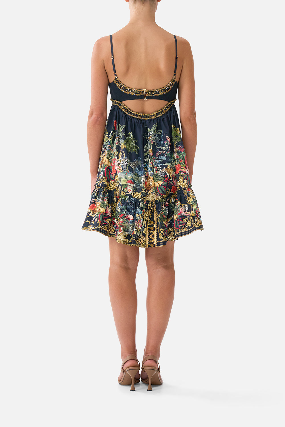 The CAMILLA Short Dress with Jersey Bodice in our Palace Zoology print, back view on model.