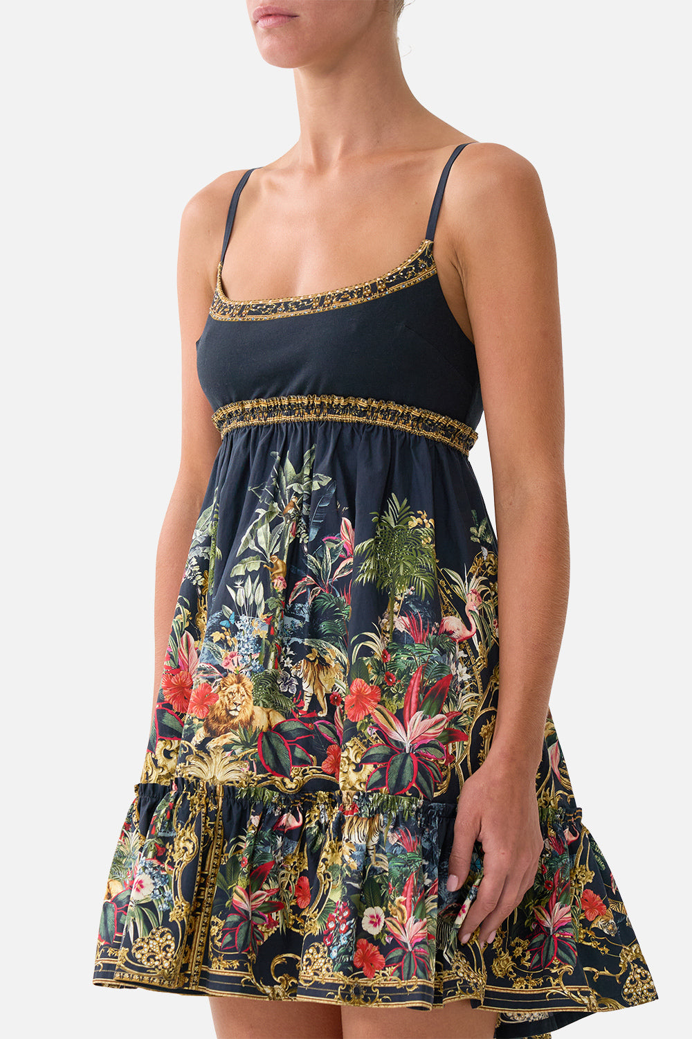 The CAMILLA Short Dress With Jersey Bodice Palace Zoology in our Palace Zoology print.