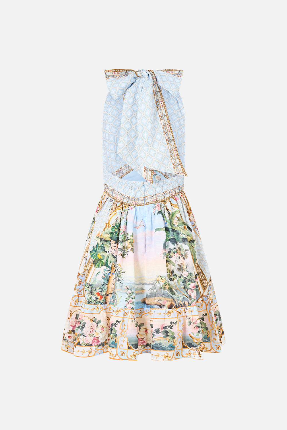 The CAMILLA Ruffle Hem Halter Short Dress Sisi Society in our Sisi Society print.