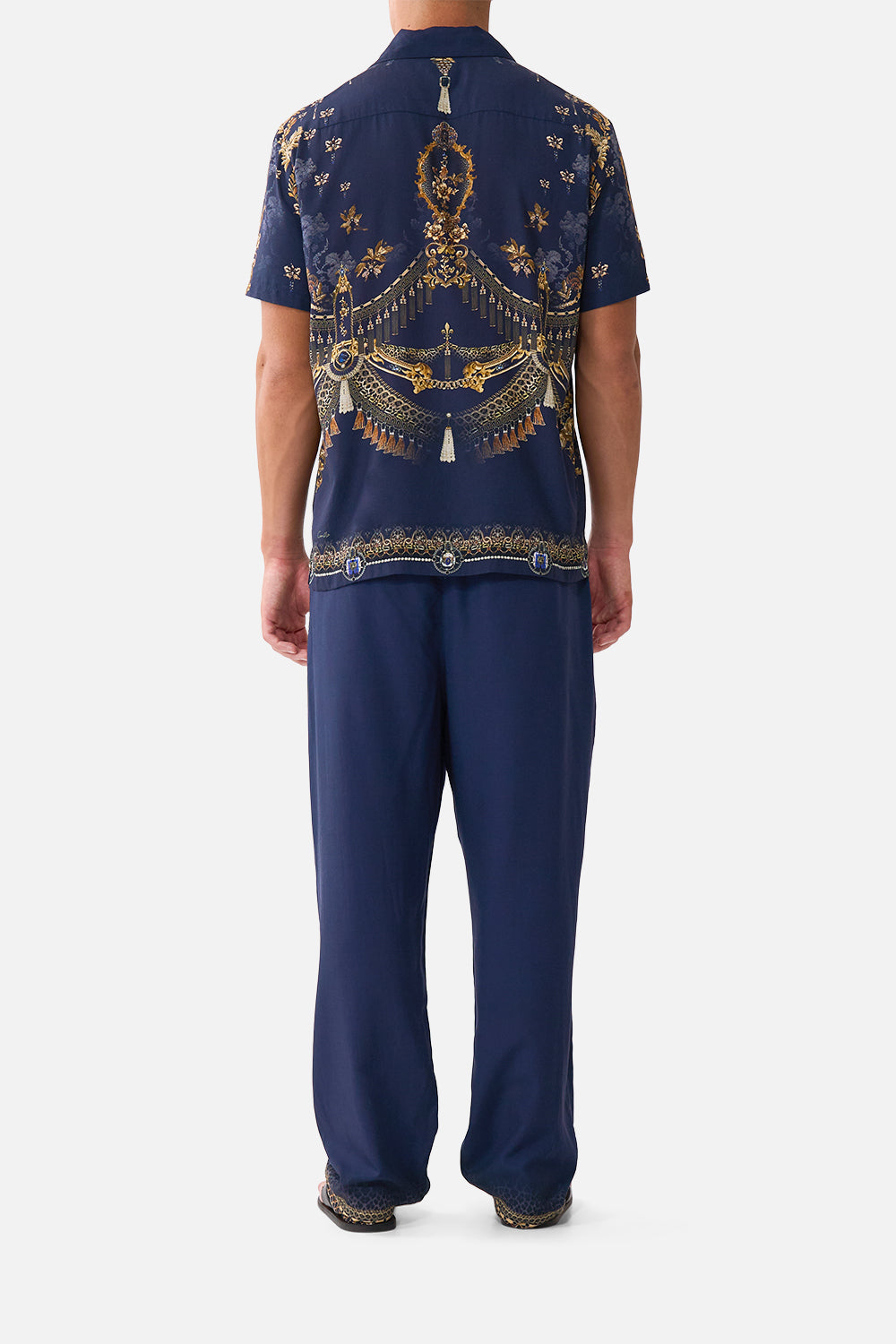 The CAMILLA Short Sleeve Camp Collared Shirt in our Cloaked in Baroque print, back view on model.