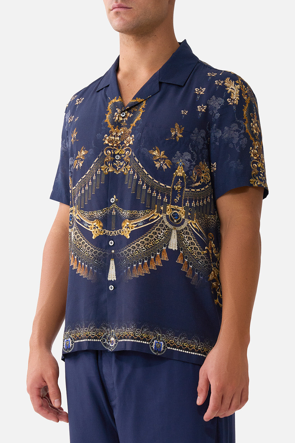 The CAMILLA Short Sleeve Camp Collared Shirt in our Cloaked in Baroque print, detail view on model.